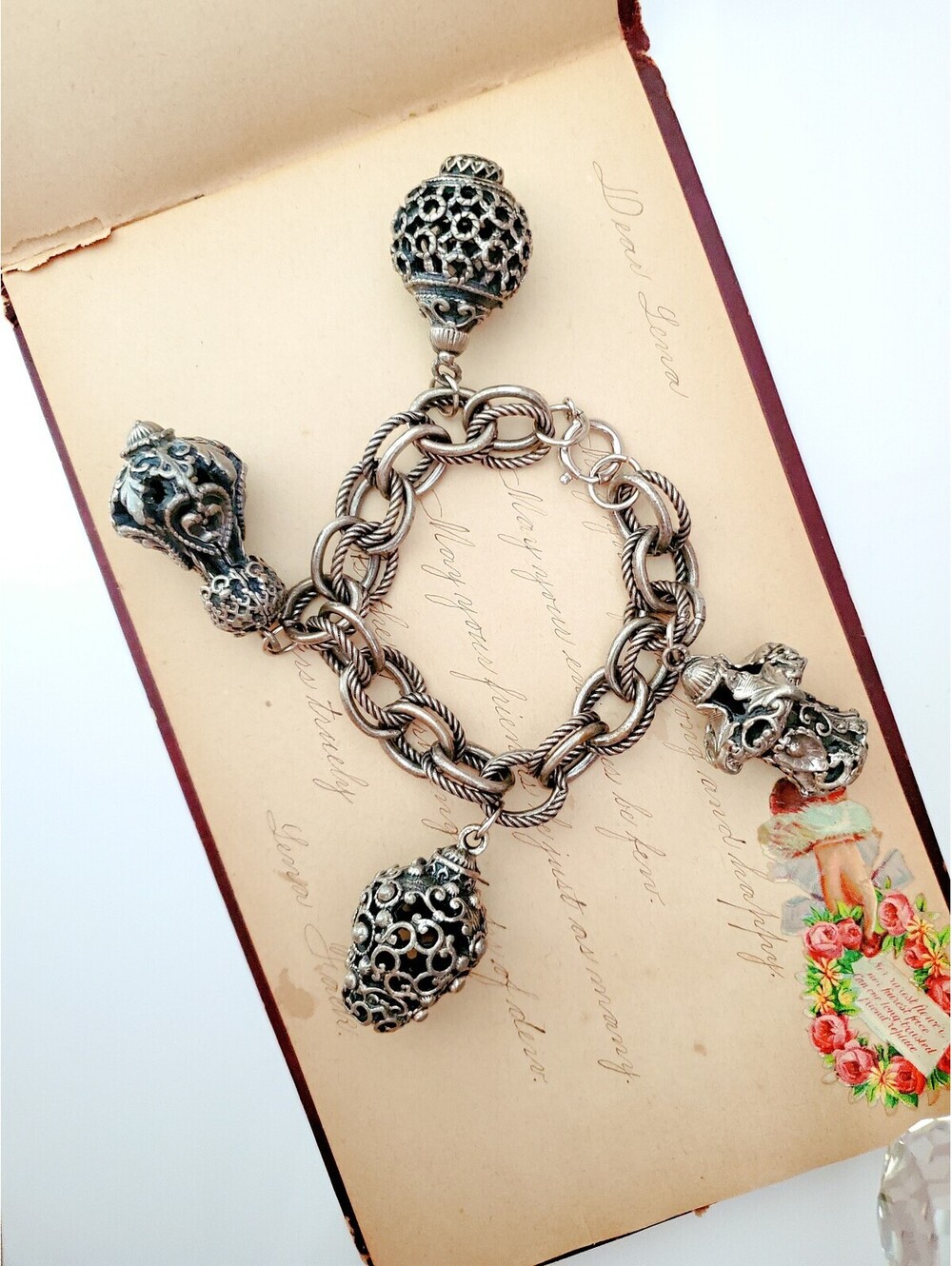 Vintage Germany Signed Chunky Charm Etruscan Revival Bracelet
